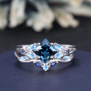 2ct Princess Cut Natural London Blue Topaz Engagement Ring Set Split Shank Moonstone Sapphire Wedding Ring Unique December Birthstone Gifts