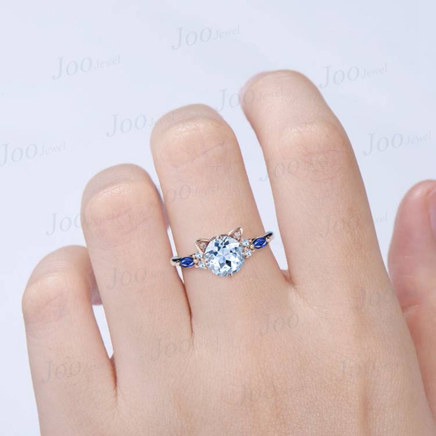 Kitten Cat Engagement Ring Vintage 1.2ct Round Natural Aquamarine Blue ...