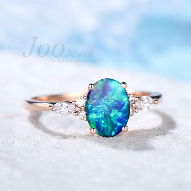 1.5ct Natural Blue Opal Engagement Ring Vintage Rose Gold Wedding Ring Unique Anniversary Gift Galaxy Blue Fire Opal Moissanite Promise Ring image 5