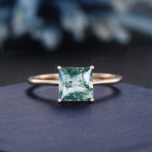 7mm Princess Cut Natural Moss Agate Engagement Ring Vintage Green Gemstone 14K Gold Simple Solitaire Wedding Rings Unique Anniversary Gifts