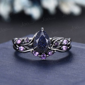 1.25ct Nature Inspired Pear Galaxy Blue Sandstone Amethyst Bridal Set Unique Twig Vine Teardrop Blue Goldstone Black Gold Wedding Ring Set image 1