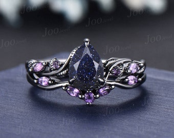 1.25ct Natur inspiriert Birne Galaxy Blau Sandstein Amethyst Braut Set Einzigartige Zweig Rebe Teardrop Blau Goldstone Schwarzgold Ehering Set