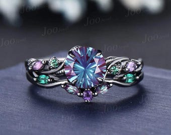 1.2CT Round Fireworks Cut Alexandrite Engagement Ring 2pcs Black Gold Nature Inspired Wedding Ring June Birthstone Anniversary Gifts Women