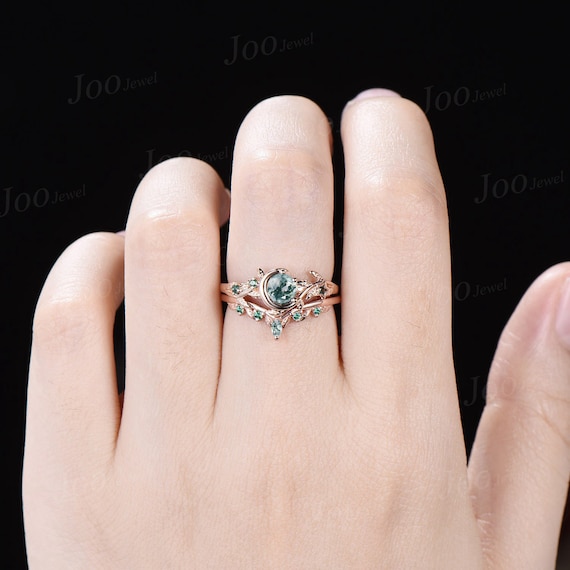 Nature Inspired Natural Green Moss Agate Emerald Ring Set Vintage