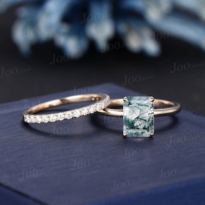 2 Karat Smaragd geschnitten natürliche Moosachat Verlobungsring, 10k Solid Gold Moosachat Solitär Hochzeit Brautring Versteckte Halo Ring Versprechen Geschenke