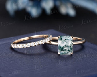 2ct Emerald Cut Natural Moss Agate Engagement Ring,10k Solid Gold Moss Agate Solitaire Wedding Bridal Ring Hidden Halo Ring Promise Gifts