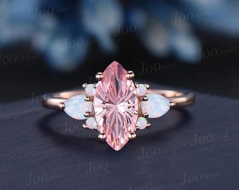 1CT Marquise Cut Pink Sapphire Engagement Ring 14K Rose Gold Fireworks Cut Padparadscha Opal Cluster Wedding Ring for Women