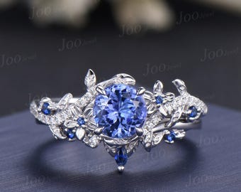 1ct Round Cut Natural Tanzanite Wedding Ring Set Unique Floral Branch Tanzanite Blue Sapphire Bridal Ring Platinum Engagement Ring for Women