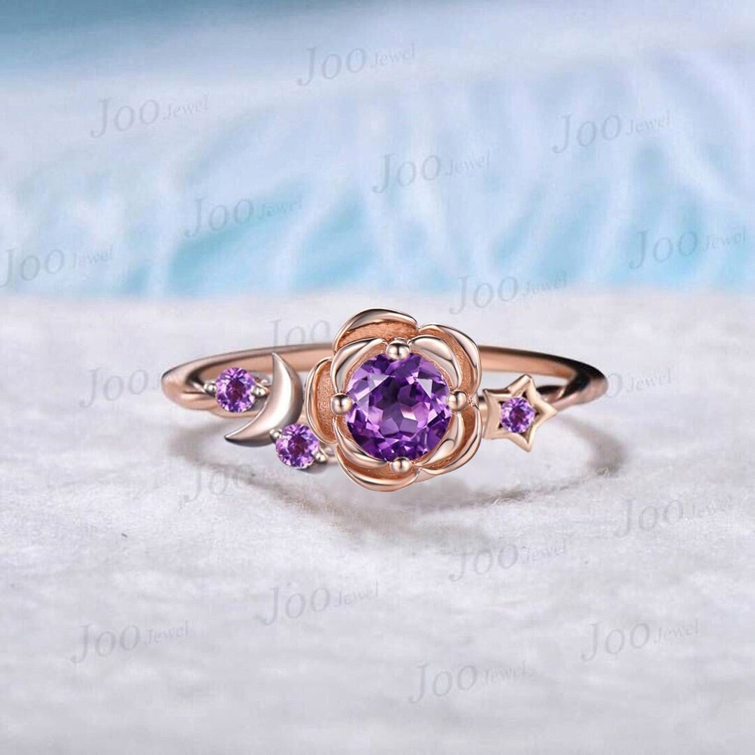 Nature Inspired 5mm Round Natural Amethyst Ring Rose Flower Wedding ...