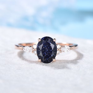 Sterling Silver 1.5ct Galaxy Blue Sandstone Ring Oval Gemstone Jewelry Vintage Cluster Engagement Ring Personalized Gift for Her Women