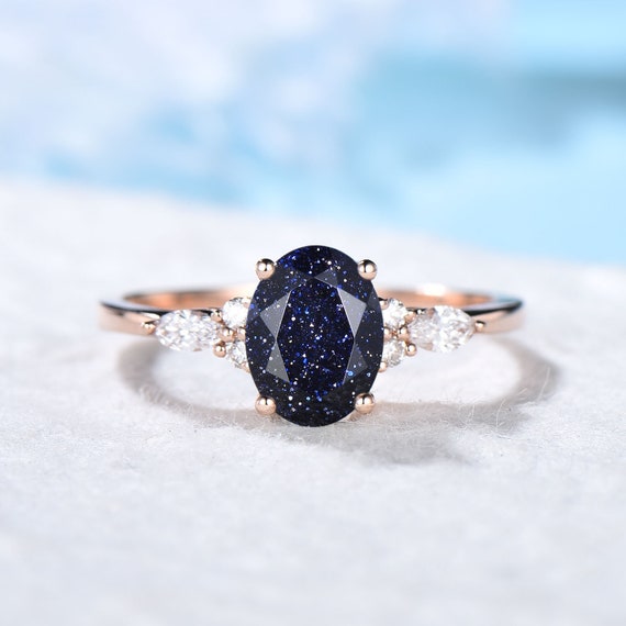 Sterling Silver Galaxy Blue Sandstone Ring Oval Gemstone Jewelry  Vintage Cluster Engagement Ring Personalized Gift for Her Women