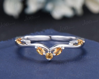 Marquise Cut Natural Yellow Crystal Contour Wedding Band 10K White Gold Citrine Nesting Band Vintage Stacking Matching Bridal Gift for Women