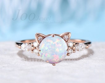 Cat Engagement Ring Vintage Opal Moissanite Promise Ring Animal Cat Shaped Wedding Ring Peekaboo Kitten Unique Gemstone Gifts for Cat Lover