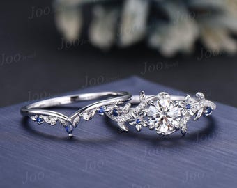 1ct Round Cut Moissanite Engagement Ring Set Sterling Silver Diamond Sapphire Leaf Floral Wedding Bridal Set Unique Proposal Gifts for Women