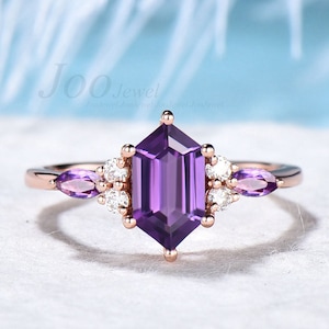 Hexagon Cut Natural Purple Amethyst Ring Unique Amethyst Engagement Ring Sterling Silver Crystal Bridal Wedding Ring Anniversary Gifts Women