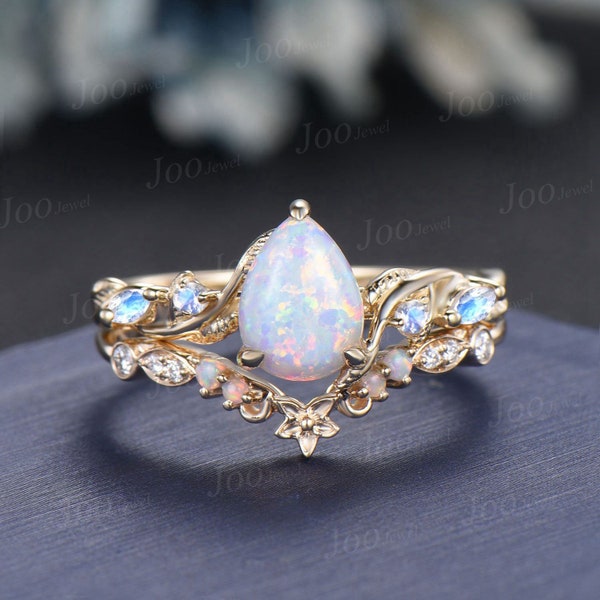 14K Yellow Gold Fire Opal Ring Set Pear White Opal Moonstone Nature Engagement Ring Opal Floral Rose Wedding Band October Birthstone Gifts