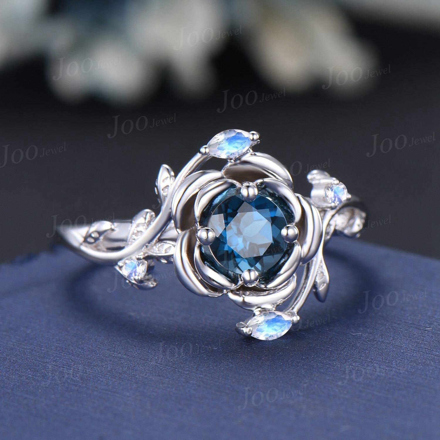 Vintage Floral Leaf Engagement Rings 10K White Gold Natural London Blue ...