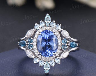 2CT Oval Cut Natural Tanzanite Topaz Soldered Bridal Set, White Gold Halo Moissanite Engagement Ring, Aquamarine Stacking Wedding Ring Women