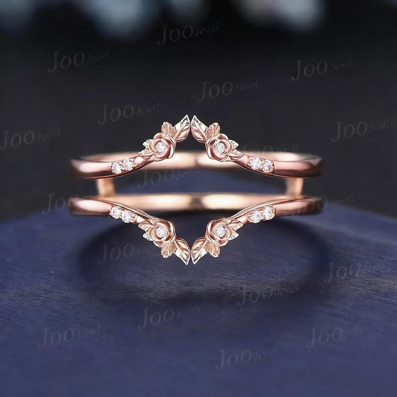 Double Curved Wedding Band 10K Solid Gold leaf Flower Enhancer Wedding Ring Guard for Women Unique Stackable Chevron Band Anniversary Gifts image 4
