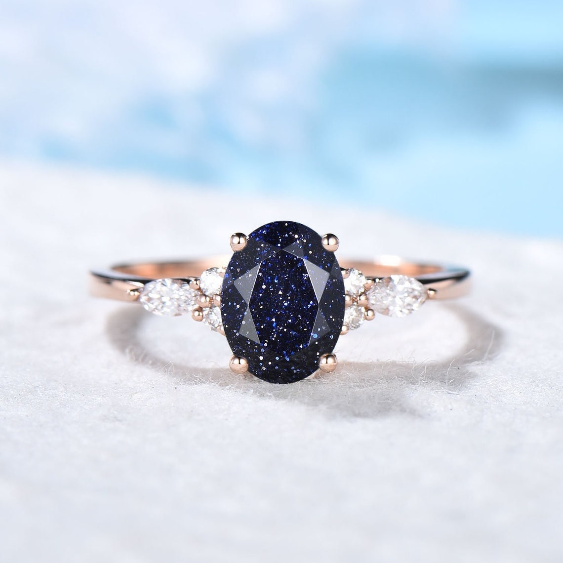 1.5ct Oval Starry Sky Blue Sandstone Engagement Ring Set 14K