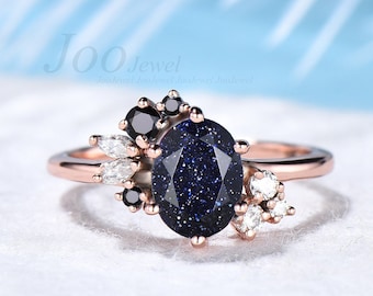 Oval Galaxy Blue Sandstone Ring Black Diamond Cluster Engagement Ring Rose Gold Blue Goldstone Ring Moissanites Wedding Ring Gift for Her