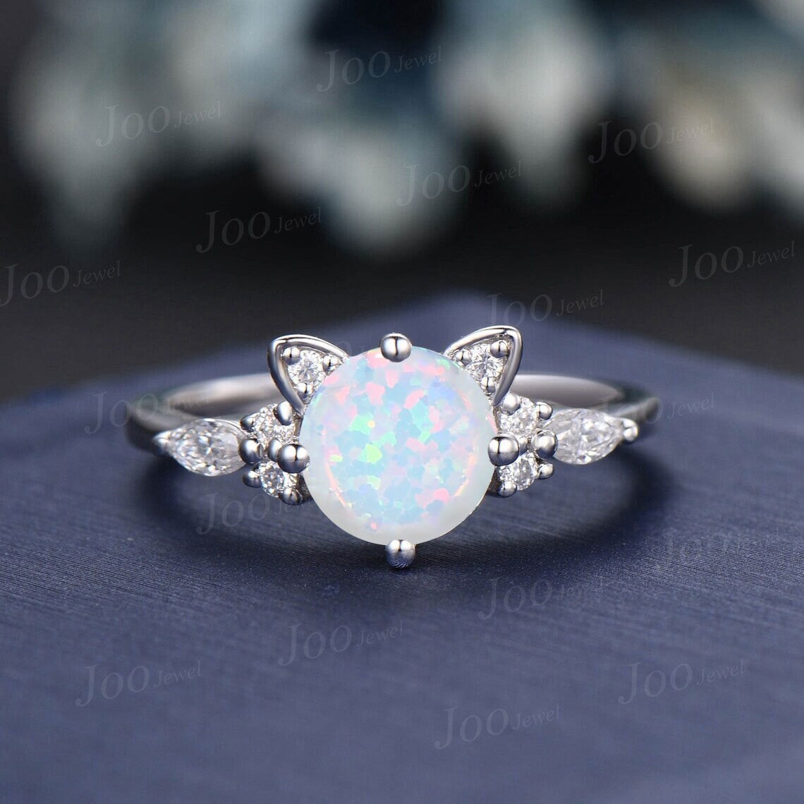 Cat Engagement Ring Vintage Opal Moissanite Promise Ring Animal Cat ...
