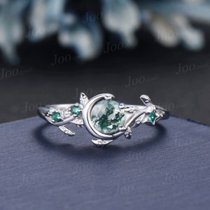Nature Inspired Natural Moss Agate Ring Moon Star Design Vintage 5mm Round Moss Agate Engagement Ring Leaf Green Emerald Dainty Wedding Ring