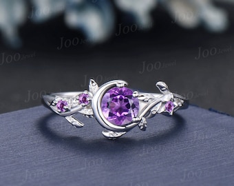 Nature Inspired Branch Natural Amethyst Engagement Ring Vintage Moon Star Wedding Ring Round Amethyst Ring Unique February Birthstone Gifts