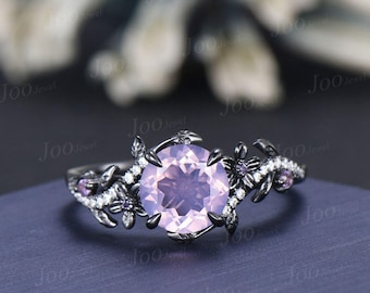 7mm Round Cut Natural Lavender Amethyst Diamond Nature Inspired Ring Black Gold Branch Floral Leaf Purple Amethyst Bridal Wedding Ring Women