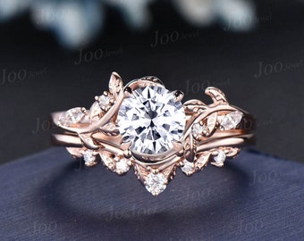 Round Cut Lab Grown Diamond Leaf Engagement Ring with IGI Certificate 14K Rose Gold Round Diamond Bypass Nature Wedding Bridal Ring Women