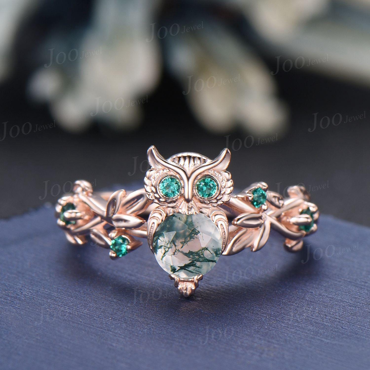Unique Owl Branch Engagement Ring with Emeralds Twig Ring Forest Green Moss Agate Engagement Ring, F
