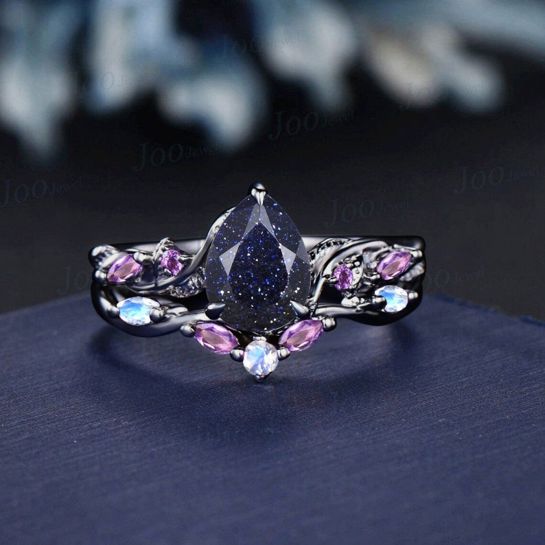 1.25ct Nature Inspired Pear Galaxy Blue Sandstone Amethyst Bridal Set Unique Twig Vine Teardrop Blue Goldstone Black Gold Wedding Ring Set Amethyst+moonstone