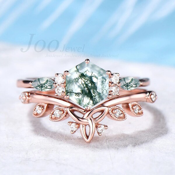 1ct Hexagon Real Green Moss Agate Engagement Rings Set 10K/14K/18K Rose Gold Vintage Marquise Moss Agate Ring Moissanite Celtic Wedding Set