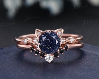 Cute Cat Wedding Ring Round Cut Galaxy Blue Sandstone Onyx Bridal Ring Women Unique Rose Gold Kitten Ring Unique Proposal Gift For Cat Lover