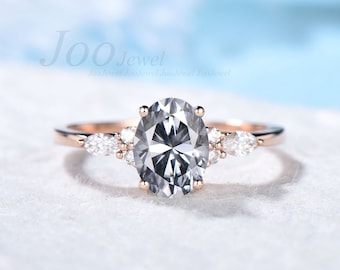 Grey Moissanite Engagement Ring Rose Gold 1.5ct Oval Cut Grey Moissanite Ring Grey Gemstone Ring Vintage Cluster Promise Wedding Ring Women