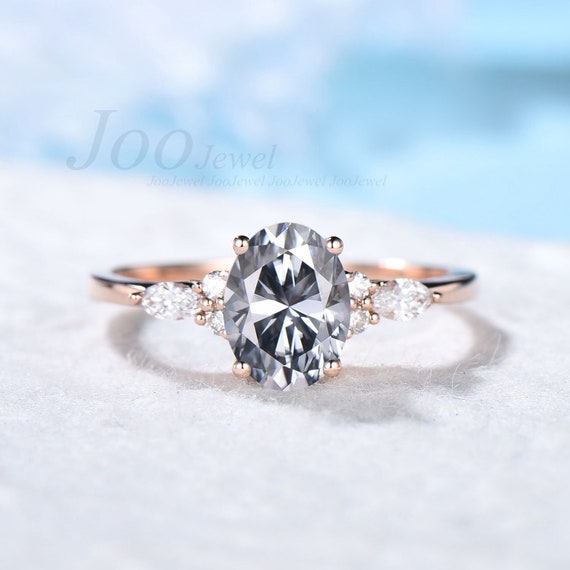 Grey Moissanite Engagement Ring Rose Gold 1.5ct Oval Cut Grey