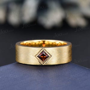 6 mm natuurlijke granaat heren geborstelde trouwring 14K geelgouden Princess Cut granaat belofte ring Pinky ring matte afwerking gouden trouwring heren