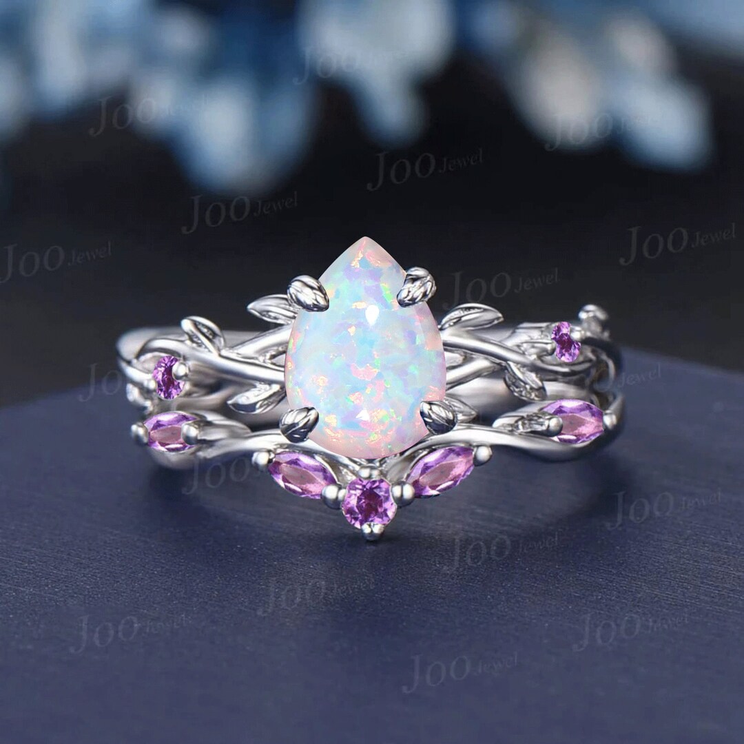 1.25ct Nature Inspired White Opal Bridal Set Unique 14K White Gold Pear ...