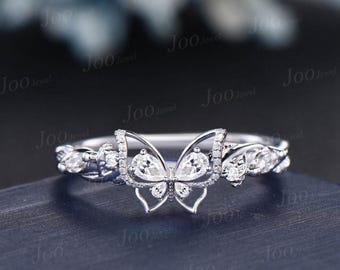 Anillo único de moissanita con mariposa en plata esterlina, anillo de compromiso con diamantes inspirados en la naturaleza, anillo de bodas con forma de hoja de vid, regalo único con piedra de nacimiento de abril.
