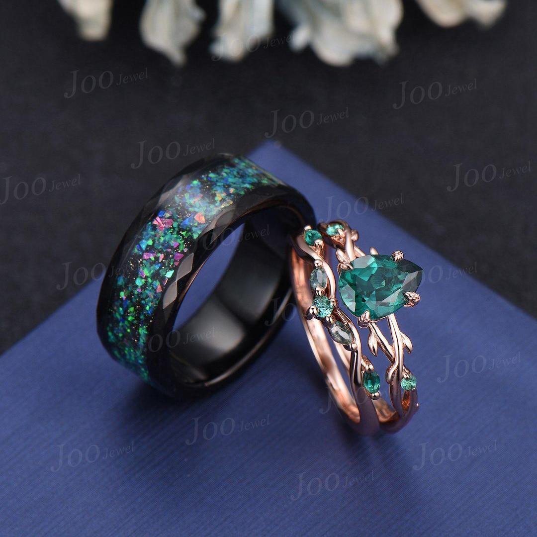 Green Emerald & Black Ceramic Leaf Nature Inspired Couples Ring-his and ...