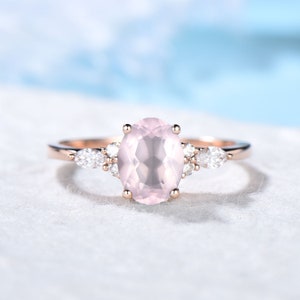 1.5ct Natural Rose Quartz Ring Oval Pink Gemstone Quartz Promise Crystal Healing Ring Rose Gold Cluster Engagement Ring Anniversary Jewelry