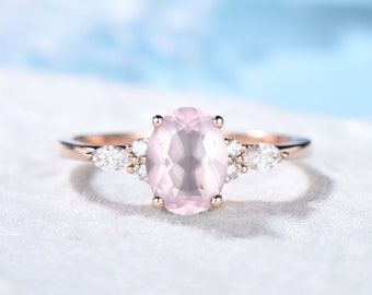 1.5ct Natural Rose Quartz Ring Oval Pink Gemstone Quartz Promise Crystal Healing Ring Rose Gold Cluster Engagement Ring Anniversary Jewelry