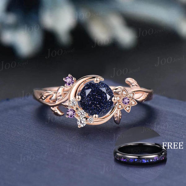 Bague de mariage améthyste en grès bleu galaxie ronde inspirée de la nature Bague de fiançailles en pierre d'or bleu feuille de vigne lune unique Bague de promesse Art déco