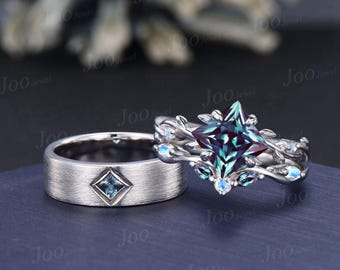 Color-Change Alexandrite Couple Matching Ring Set Sterling Silver Princess Wedding Ring Twig Vine Bridal Ring Men Alexandrite Wedding Band