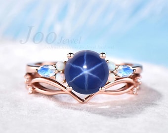 7mm Round Starry Sky Blue Star Sapphire Engagement Ring Moonstone Opal Wedding Ring Cabochon Lindy Star Bridal Set Elvish Vine Promise Band