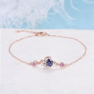 Pulsera de plata de ley con forma de luna de 5 mm de corte redondo con dijes de alejandrita que cambian de color, pulsera de cadena ajustable con amatista y sol estrellado para mujer