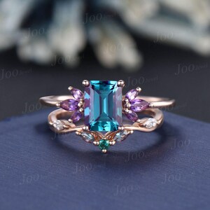 2ct Emerald Cut Color-Changing Alexandrite Amethyst Ring Set No Fading June Birthstone Engagement Ring Unique Cluster Wedding Proposal Ring