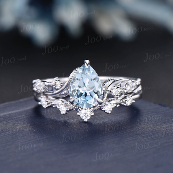 1.25ct Twig Vine Nature Inspired Natural Aquamarine Diamond Engagement Ring 14K White Gold Moissanite Wedding Leaf Bridal Set Promise Gifts
