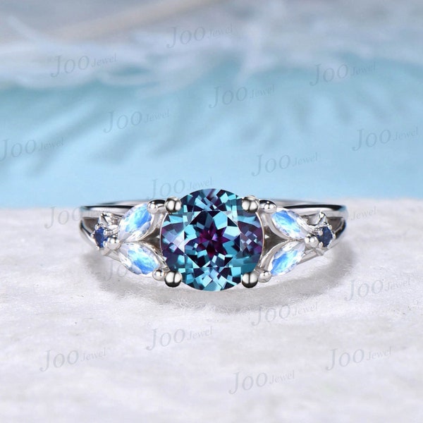 7mm Round Cut Color-Change Alexandrite Engagement Rings Split Shank Band Cluster Natural Moonstone Blue Sapphire Ring Sterling Silver Ring