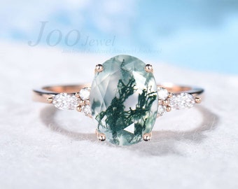 3ct Natural Moss Agate Engagement Ring 14K Rose Gold Cluster Moissanite Ring Oval Green Wedding Ring Unique Anniversary Gifts for Women Wife